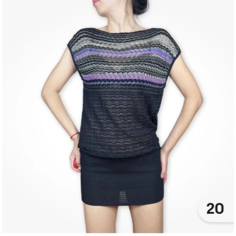 M Missoni Black Striped Zigzag Knit Cap Sleeve Mini Dress/Tunic Top Sz M